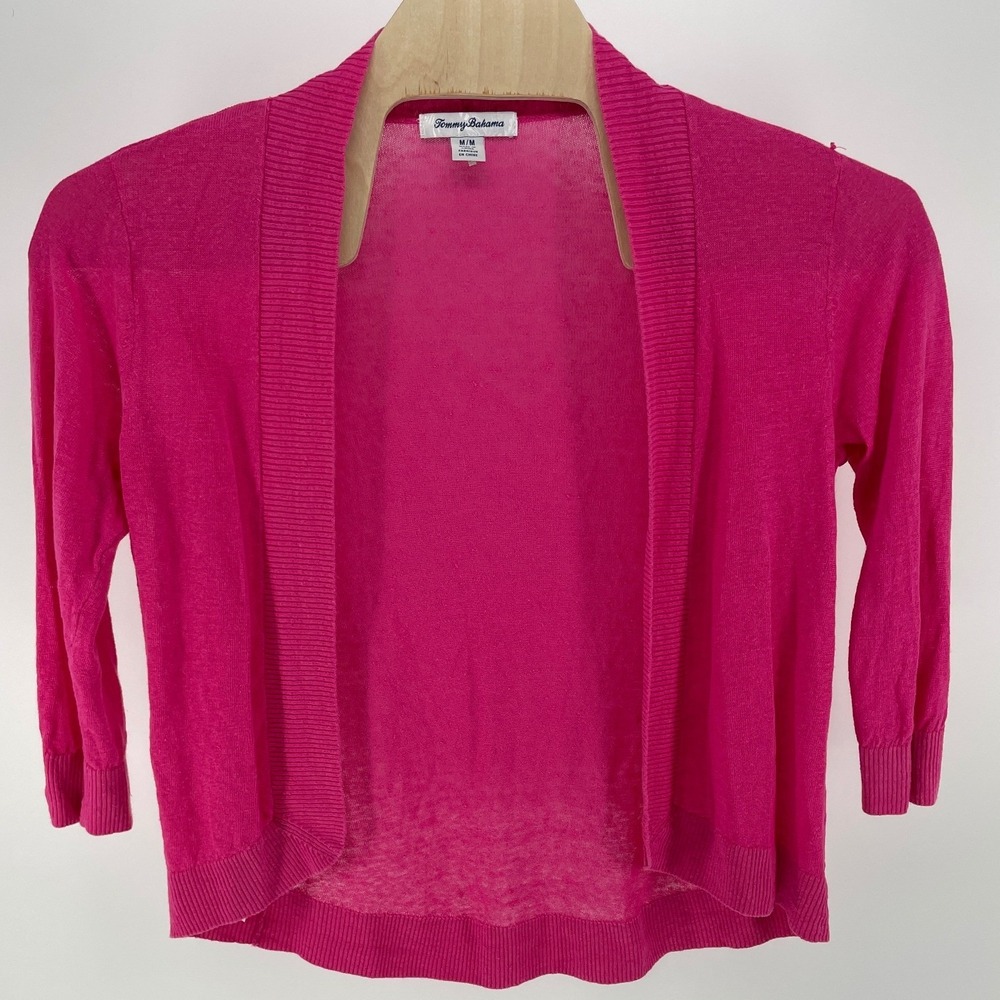 Tommy Bahama Cardigan Women Medium Pink EUC Linen Open Front 3/4 Sleeve Sheer
